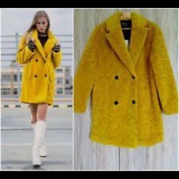 𝅺ZARA NWOT mustard yellow oversized teddy coat size extra small - Picture 3 of 15